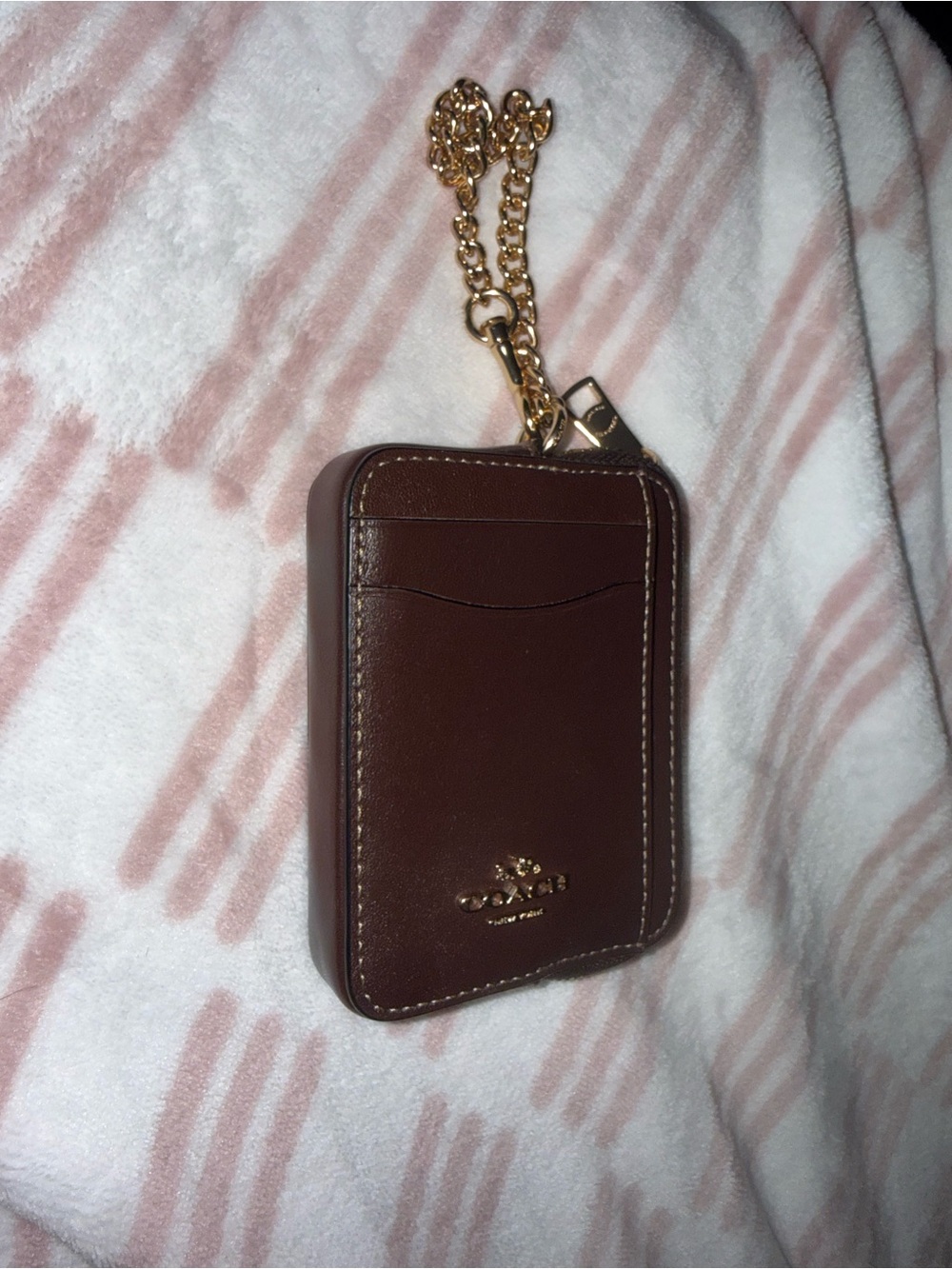 Coach Brown Leather Card Holder with Gold Chain Accent